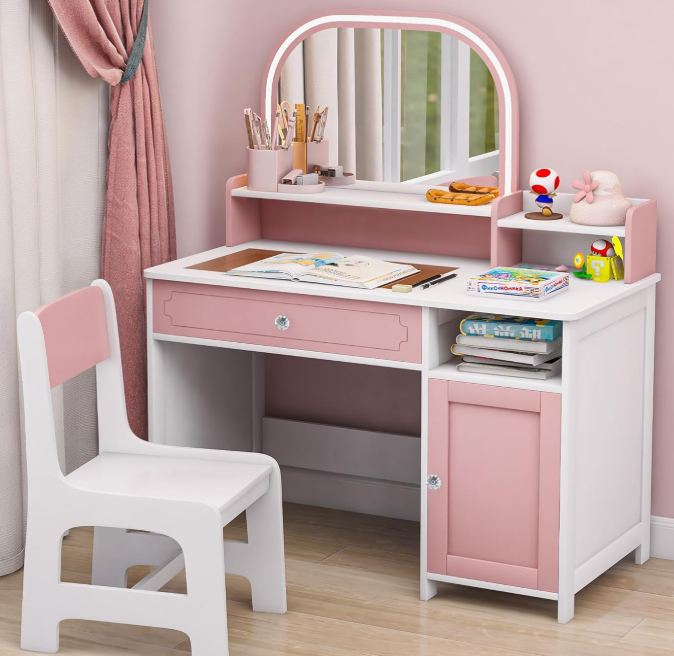 Children's Desk And Chair Set With Mirror, Light, And Bookshelf